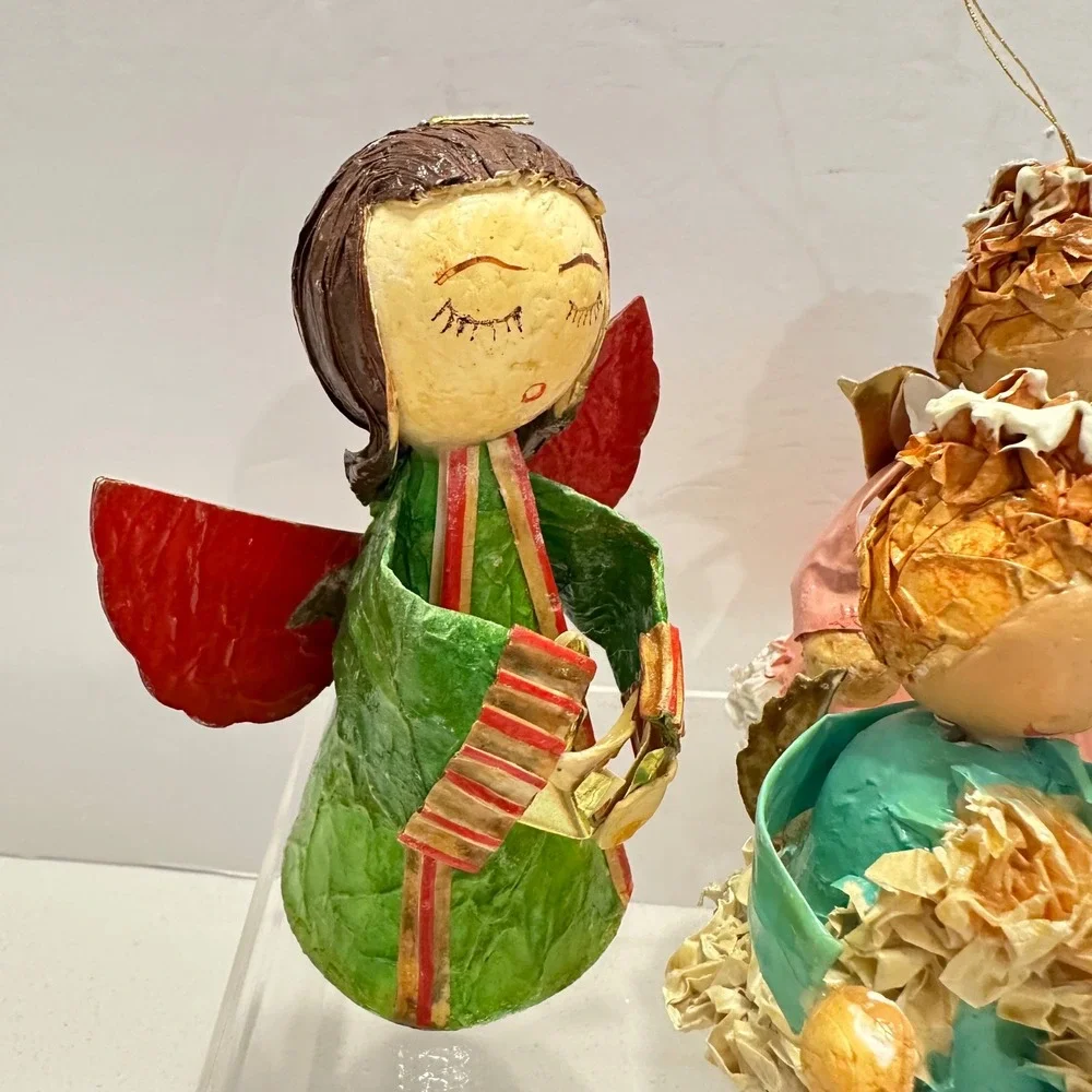 Vintage Paper Mache Angel Ornaments Set of 4 Christmas‎ Mid Century Taiwan MCM